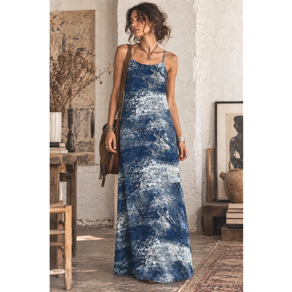 PARTIMI Silk Maxi Dress 10 Blue Abstract Print Spaghetti Straps 90s Y2K Boho